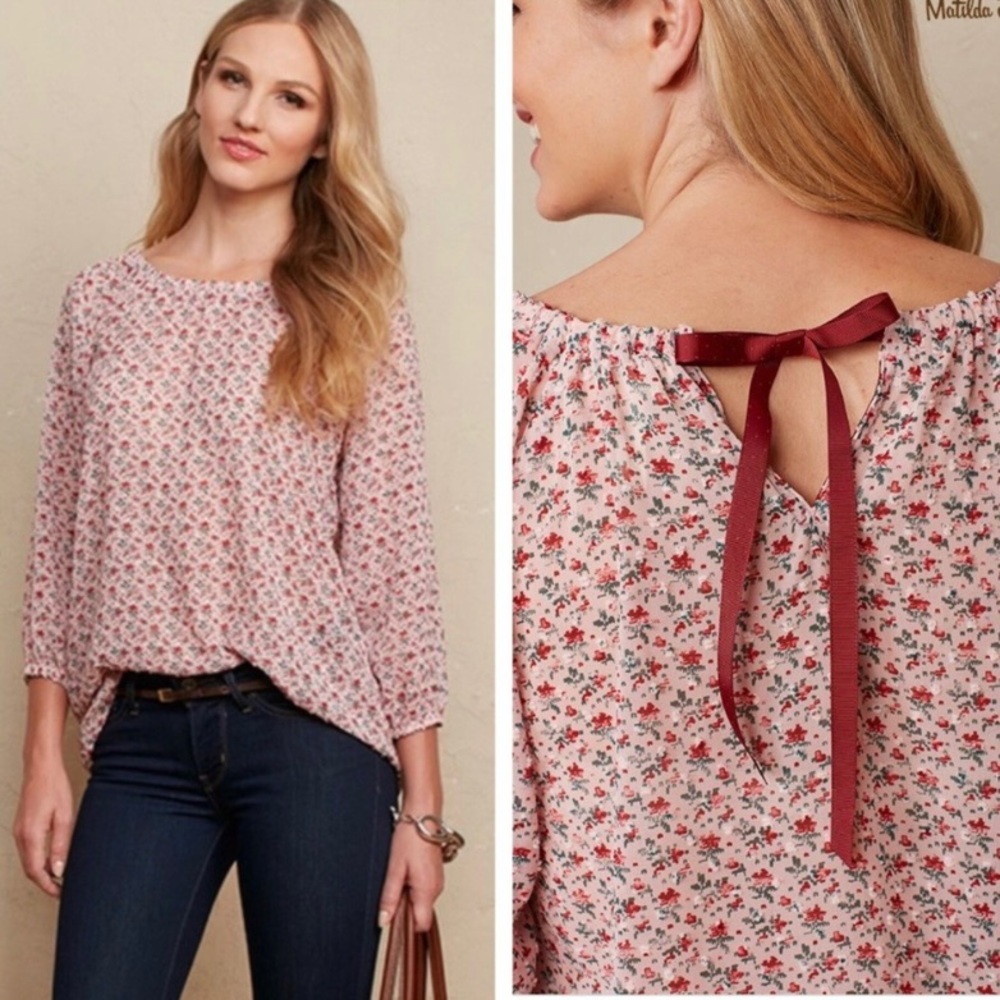 Matilda Jane Chelsea Pink Red Floral Heart Blouse 3/4 Sleeve Size Small